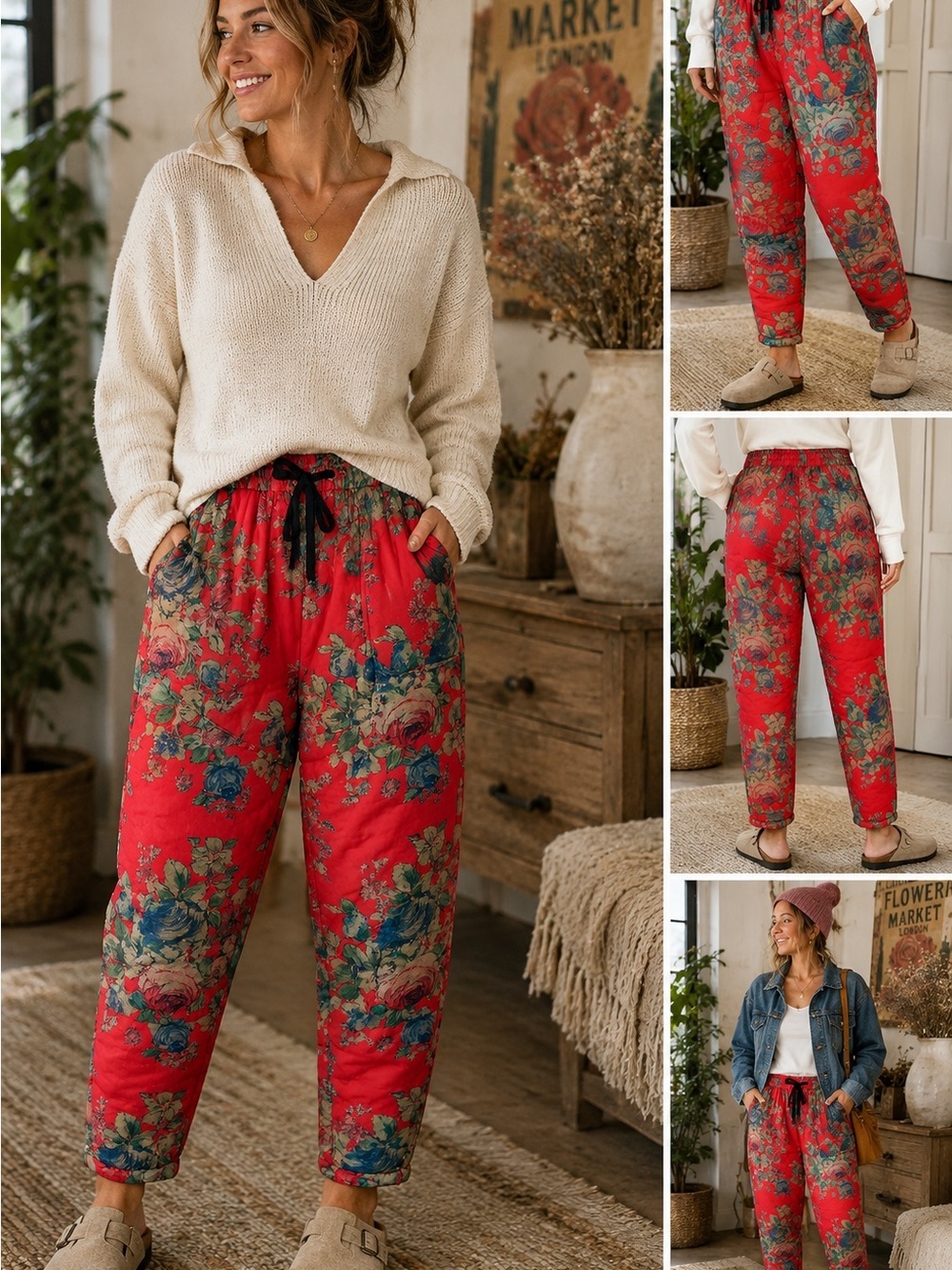 Floral Quilted Jogger Pants Red Vintage Cottagecore Boho Lounge Pants